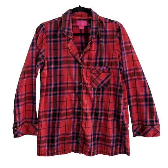 VICTORIA'S SECRET Women Flannel Pajama Set SZ M Red Purple Metallic Plaid 8-10 - Picture 2 of 10
